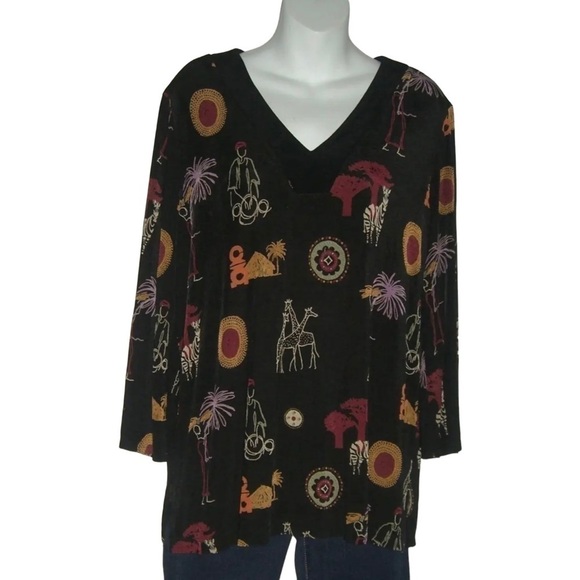 Vintage Top Slinky Brand African Safari Blouse Black USA Made Animal Soft Sz M - Picture 8 of 8